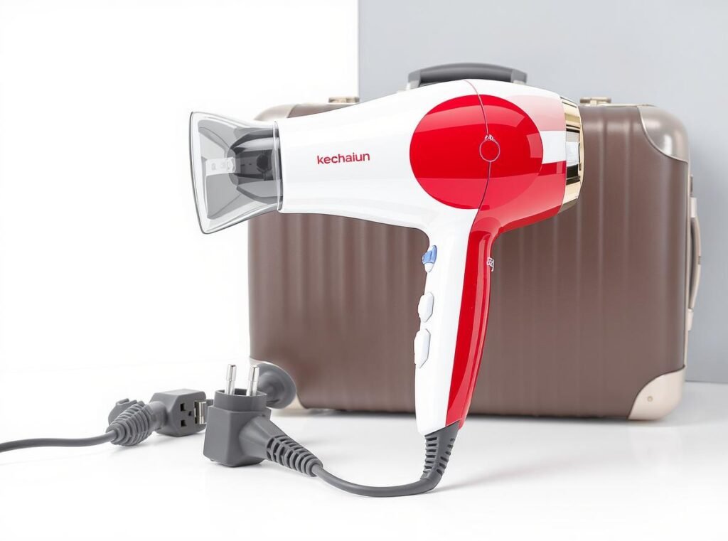 Hair dryer with Japanese electrical symbols and travel elements