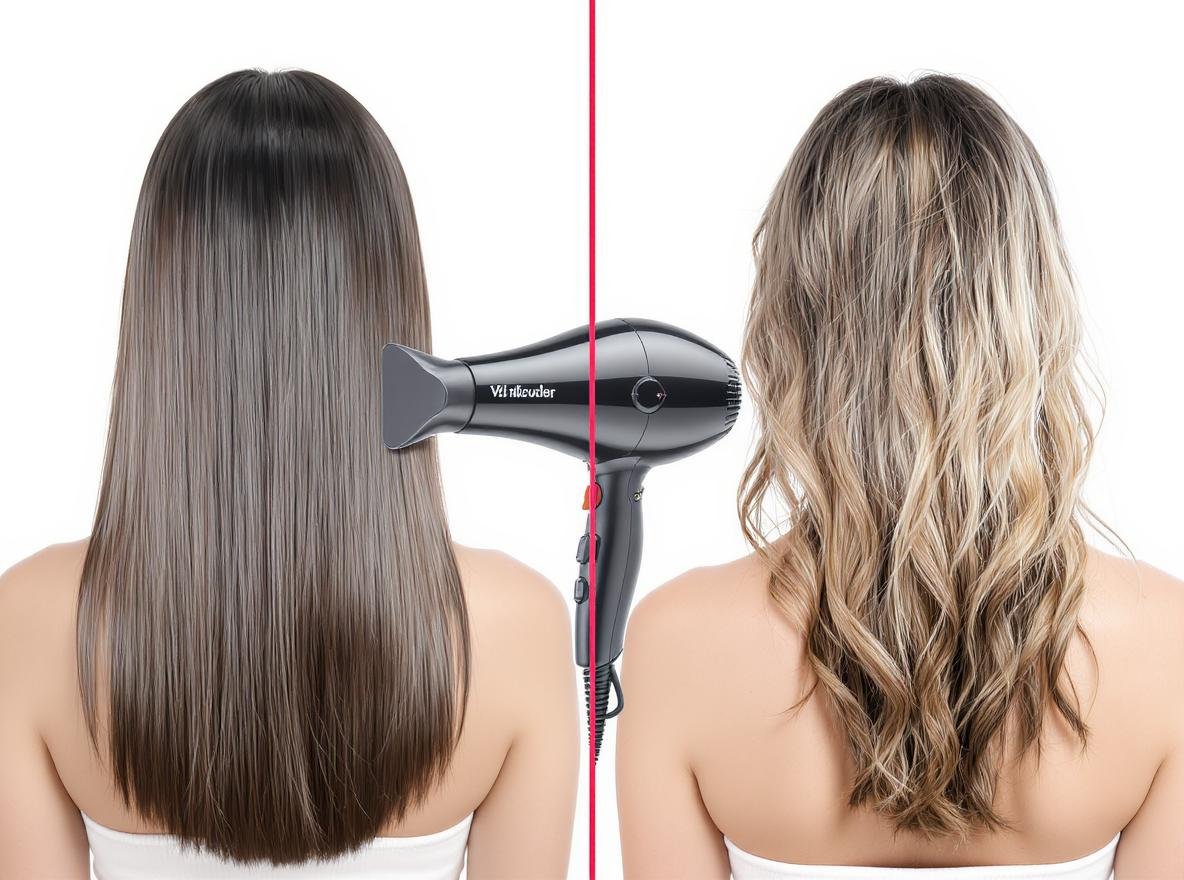 Hair dryer effects comparison showing healthy versus damaged hair