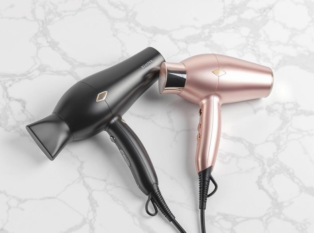 Laifen and Dyson hair dryer side by side comparison on marble surface