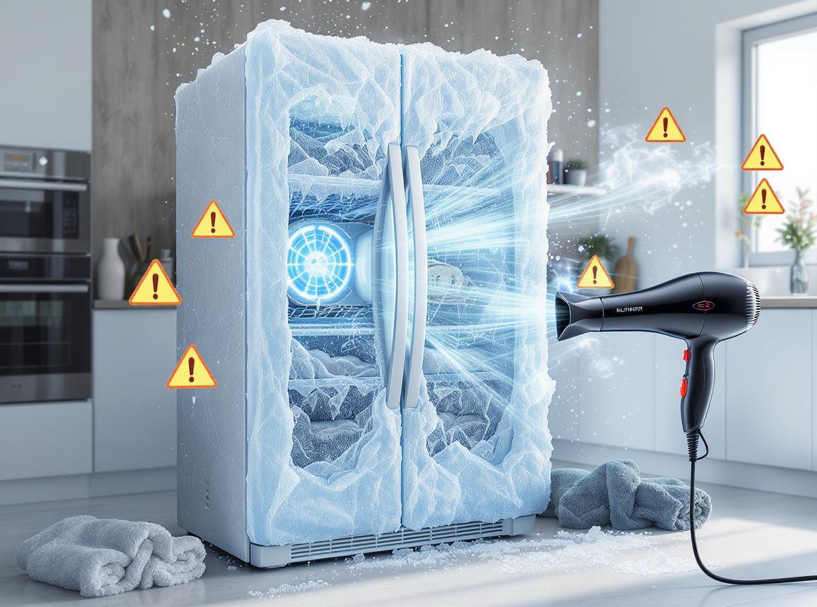 Hair dryer positioned near freezer with ice buildup for defrosting process
