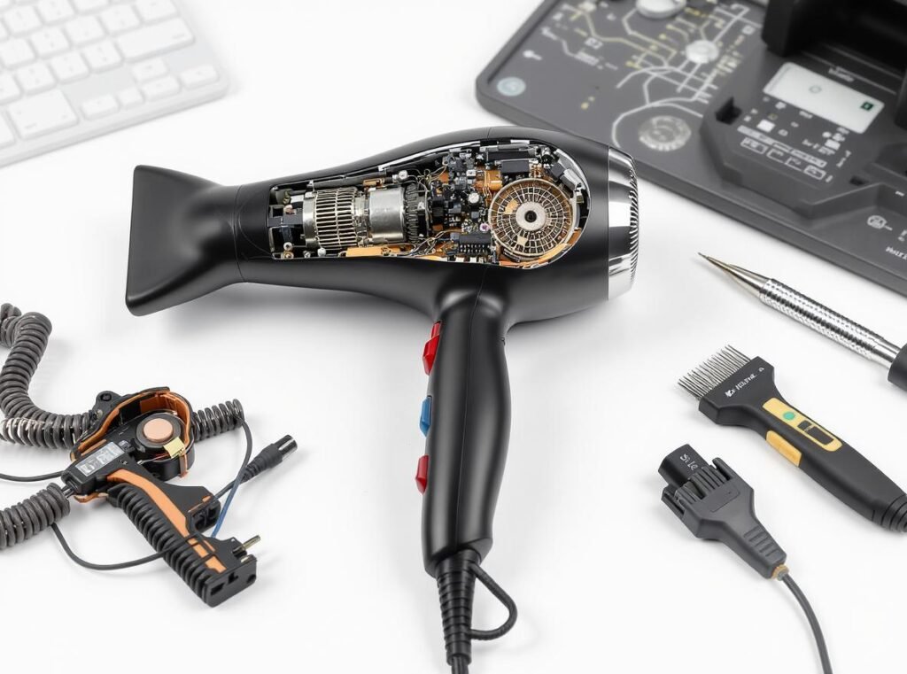 Hair dryer troubleshooting repair guide with exposed components and diagnostic tools
