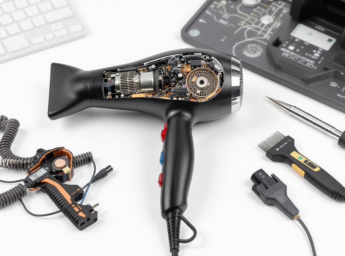 Hair dryer troubleshooting repair guide with exposed components and diagnostic tools