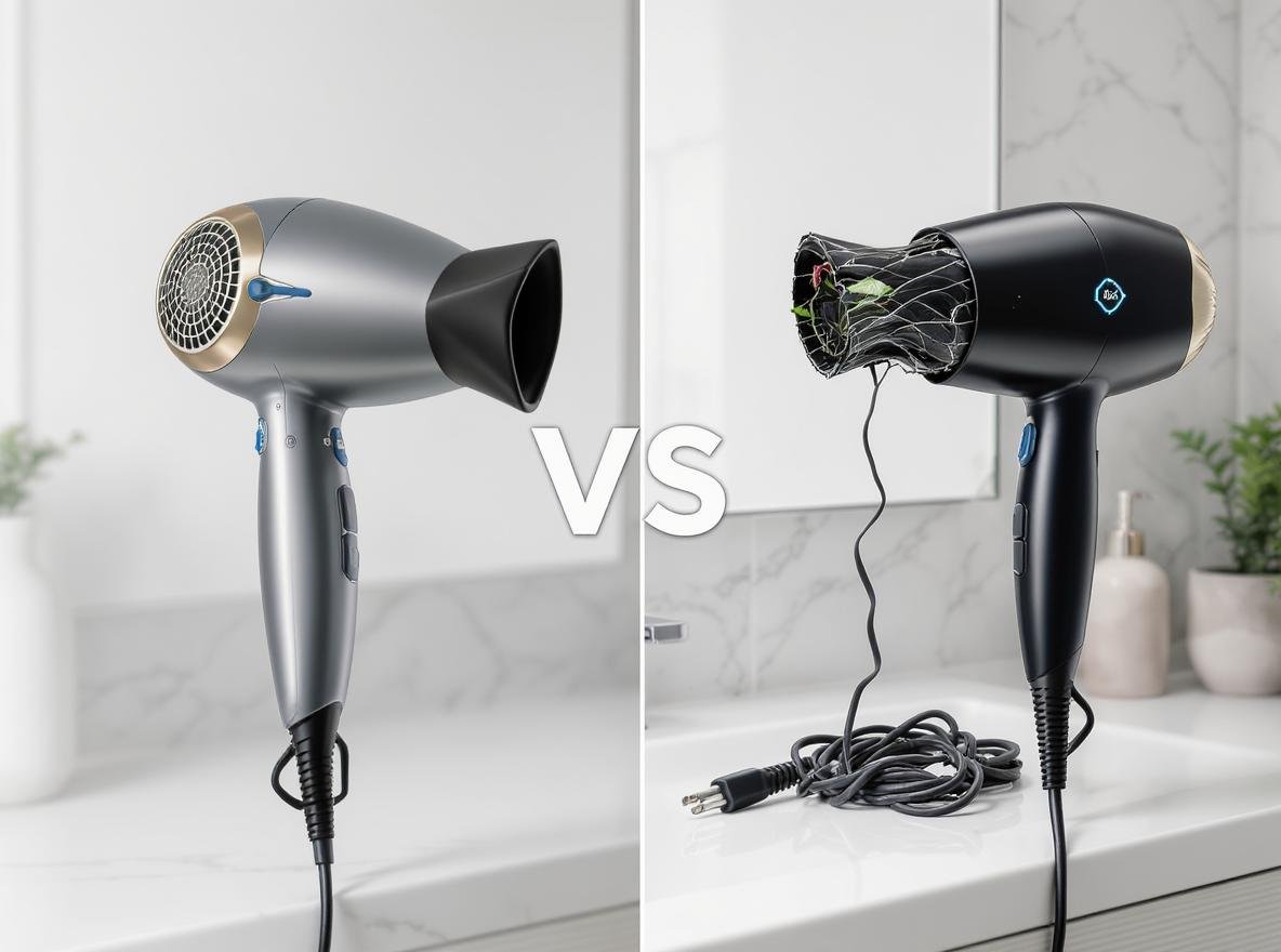 Comparison of reliable professional hair dryer versus broken retractable cord hair dryer showing reliability differences