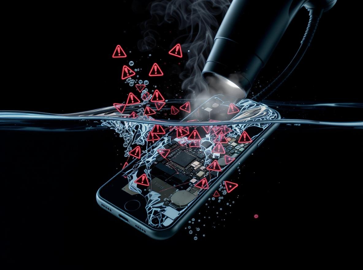 Hair dryer pointing at water-damaged smartphone showing heat damage risks