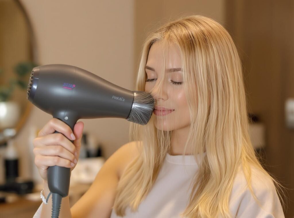 Woman safely using hair dryer on thinning hair with proper technique