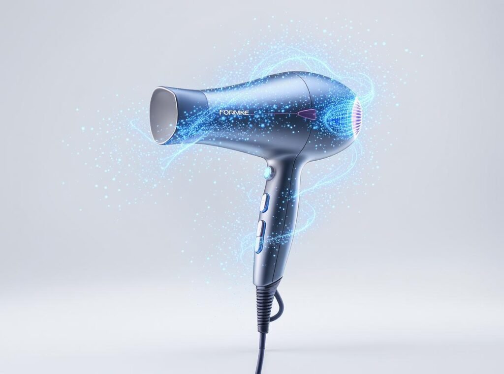 Negative ion hair dryer with blue ionic particles demonstrating ionic technology