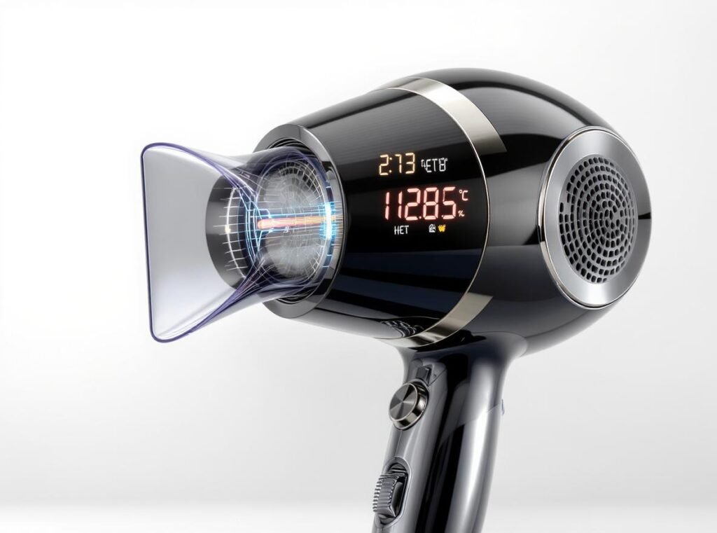 Professional hair dryer with digital temperature display showing optimal heat settings for different hair types