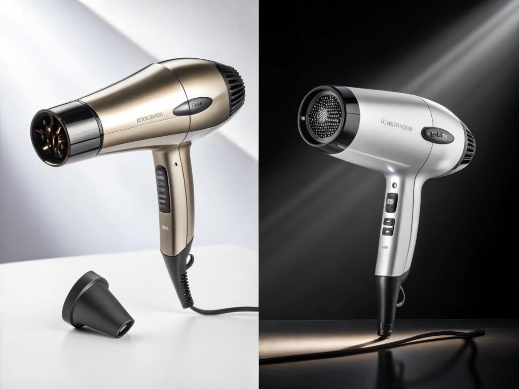 Comparison of expensive professional hair dryer versus cheap basic model showing design and technology differences
