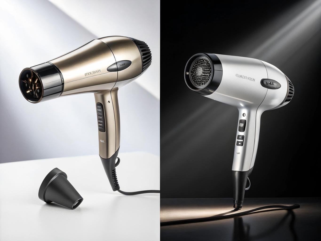 Comparison of expensive professional hair dryer versus cheap basic model showing design and technology differences