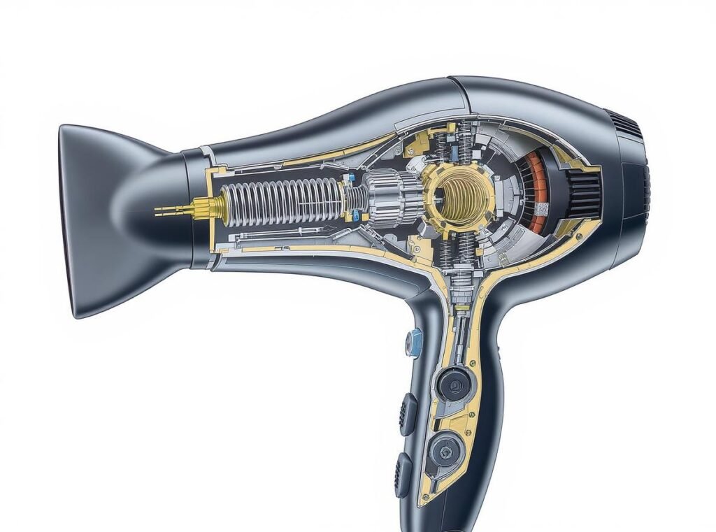 Technical diagram showing internal spring mechanism and cable reel system in retractable cord hair dryer