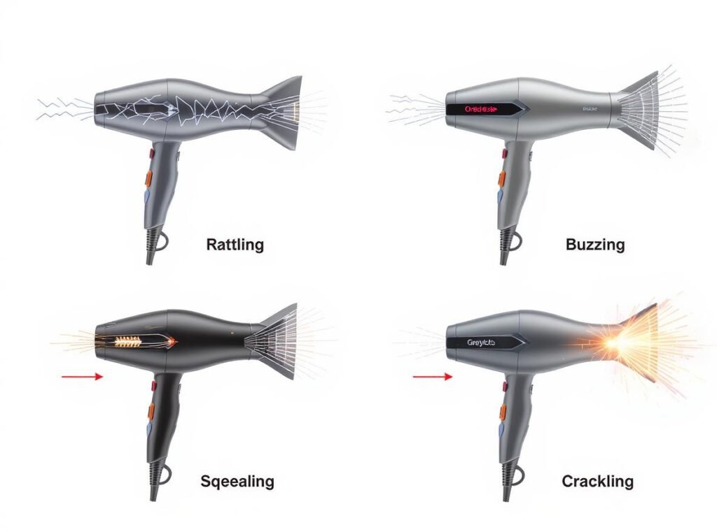 Different types of hair dryer noises illustrated with sound waves