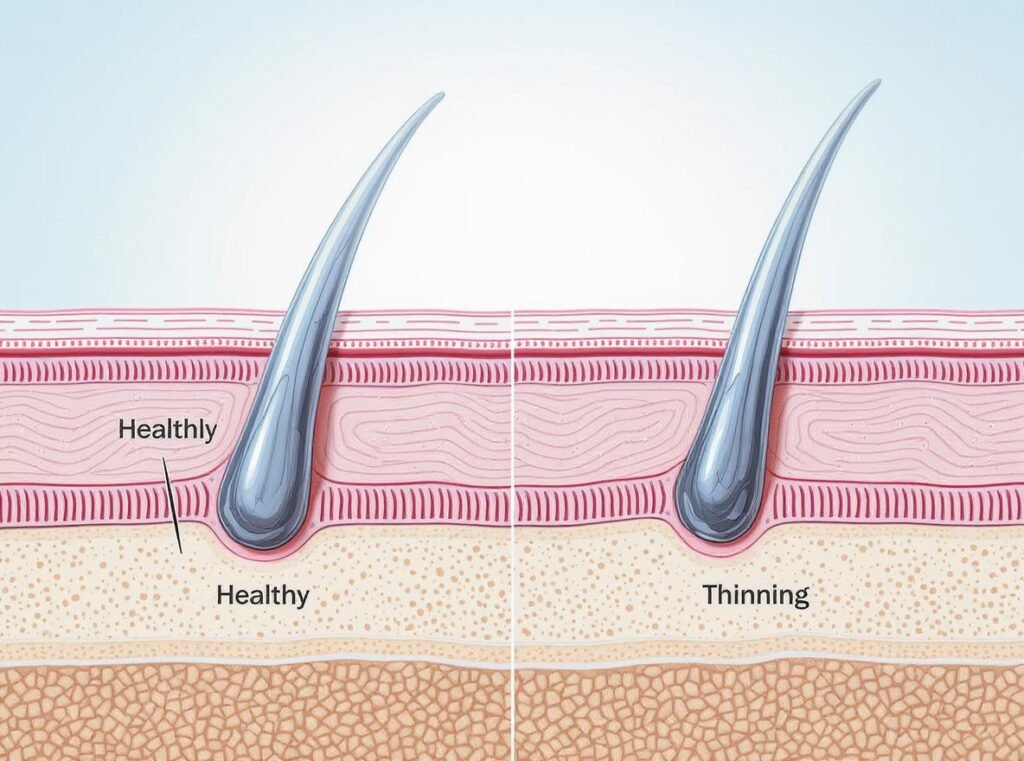 Hair cuticle structure comparison showing vulnerability of thinning hair