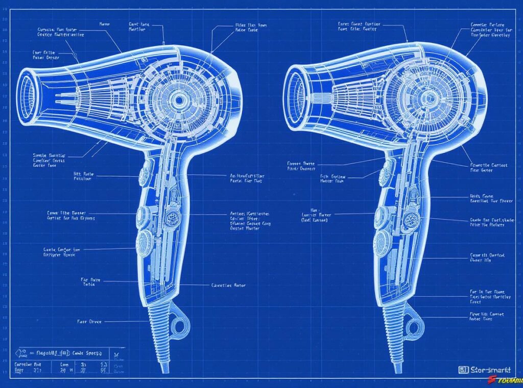 Technical diagram comparing traditional brushed motor vs modern brushless motor in hair dryers