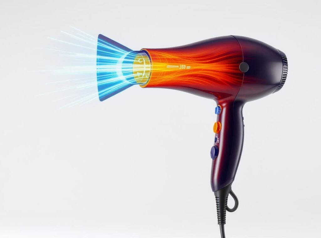 Hair dryer temperature visualization showing heat output ranges from 80-140°F