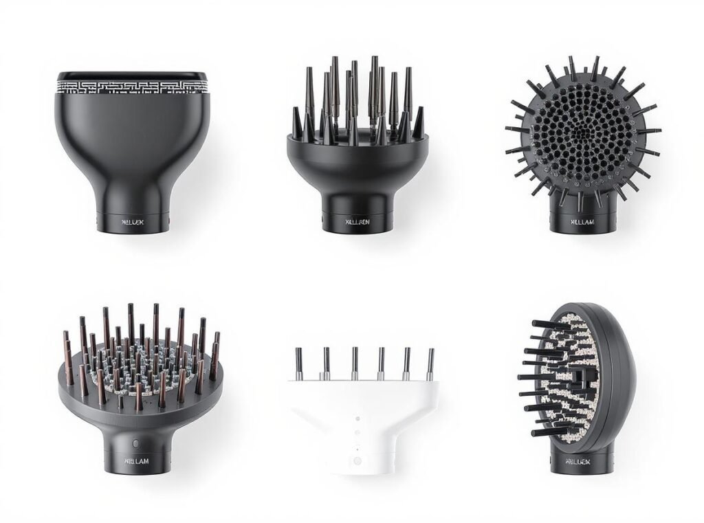 Six main types of hair dryer attachments - concentrator, diffuser, comb, flyaway, gentle air, and smoothing attachments