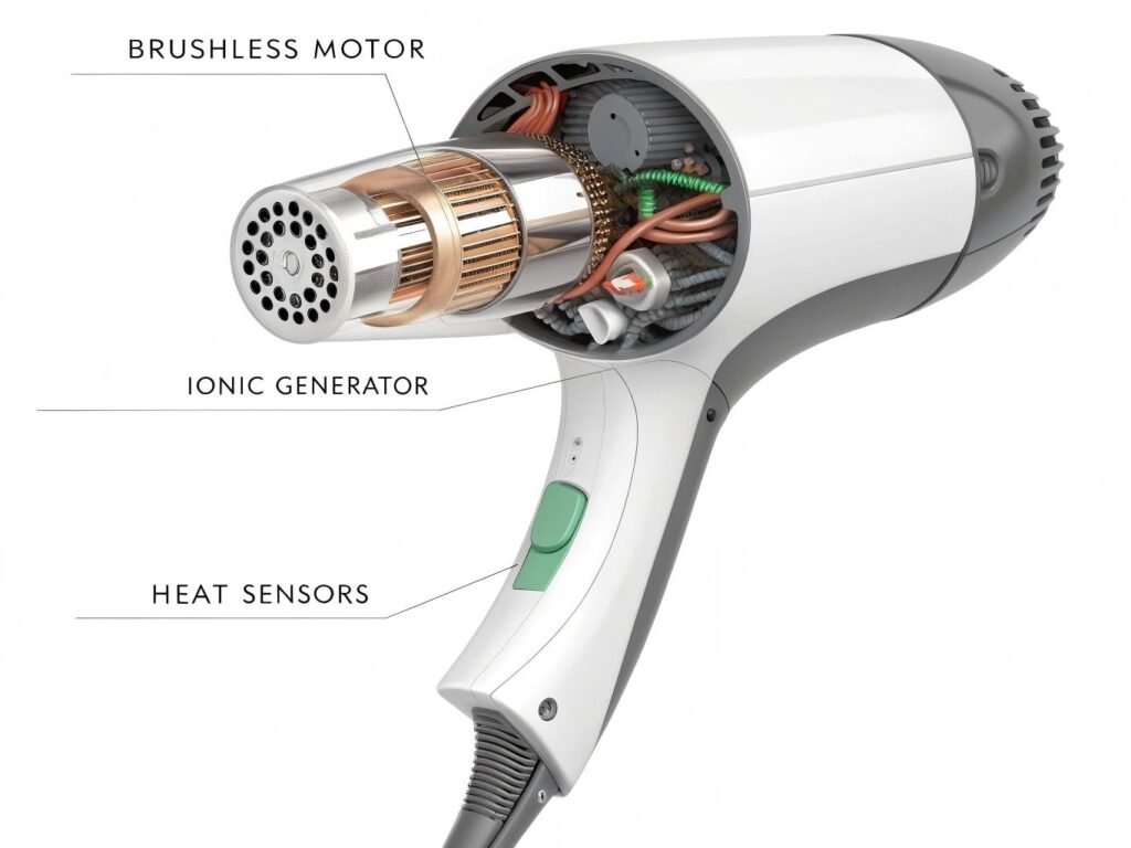 Hair dryer technology diagram showing brushless motor and ionic system components
