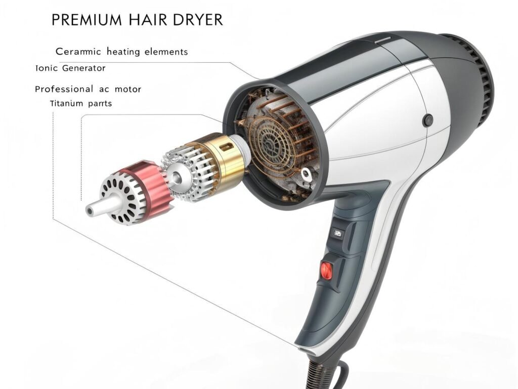 Technical cutaway showing expensive hair dryer internal components including ceramic heating and ionic technology