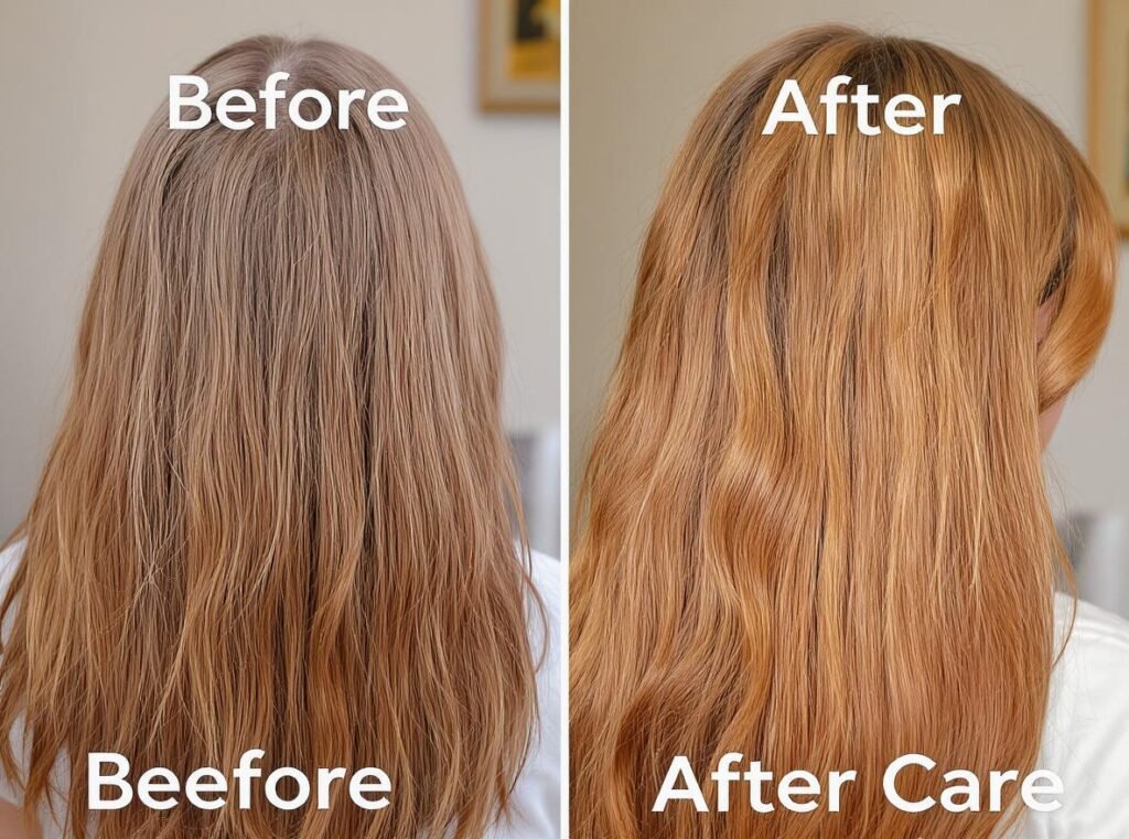 Hair health improvement timeline showing recovery of damaged hair with proper blow drying care