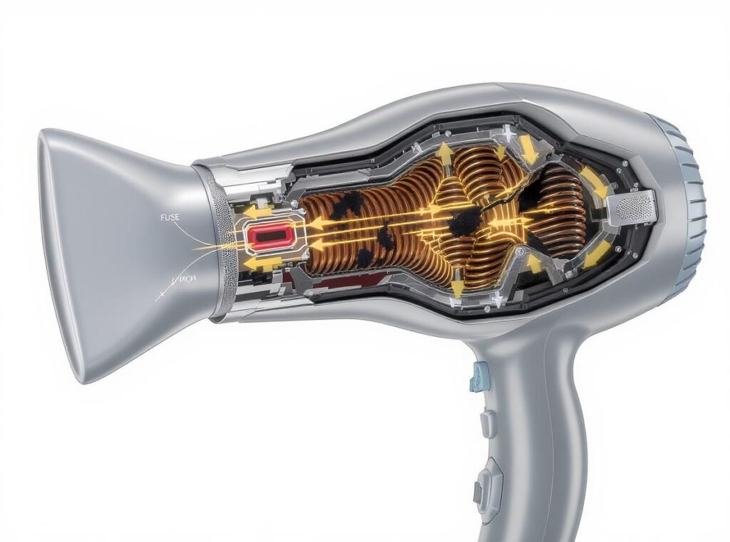 Hair dryer internal components showing broken heating elements