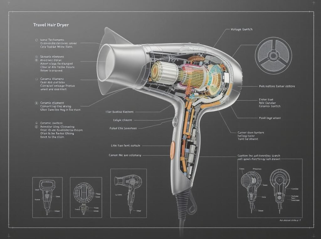 Travel hair dryer features diagram showing dual voltage and ionic technology