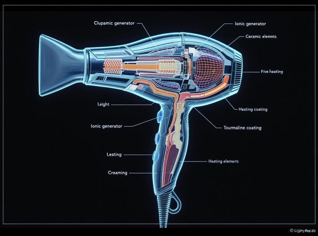 Hair dryer technology diagram showing ionic, ceramic, and tourmaline components for damaged hair protection