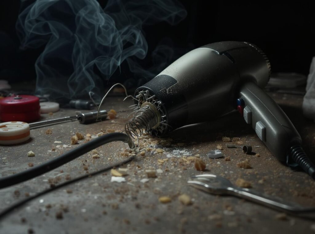 Broken retractable cord hair dryer showing common mechanical failure and repair issues