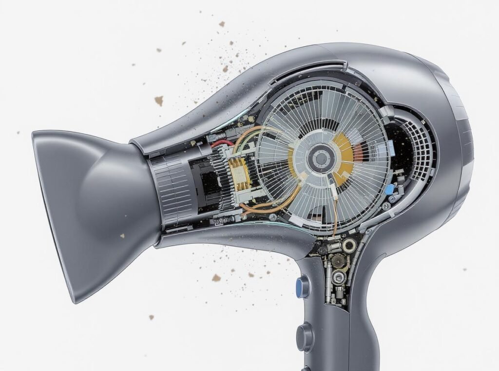 Hair dryer internal components showing debris and wear causes