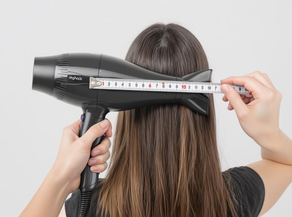 Proper hair dryer distance demonstration showing safe 6-inch spacing