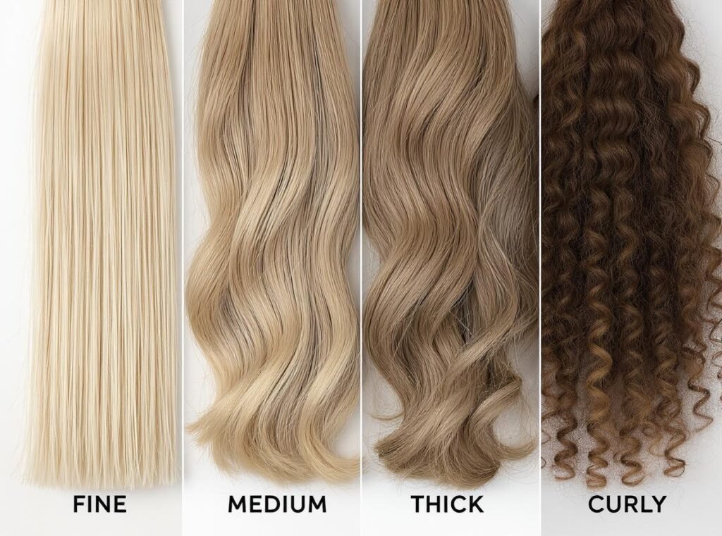 Different hair types requiring specific temperature settings - fine, medium, thick, and curly hair samples