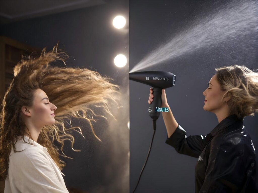 Time comparison showing expensive hair dryers dry hair in 6 minutes versus 15 minutes for cheap models