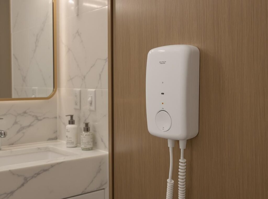 Japanese hotel bathroom featuring provided hair dryer amenity