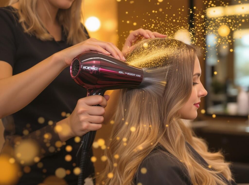 Professional hair stylist using ionic hair dryer showing benefits