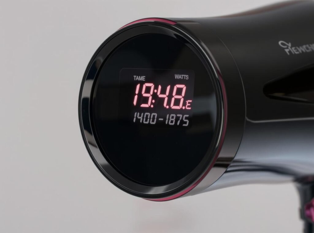 Hair dryer wattage display showing optimal 1400-1875 watts for damaged hair protection