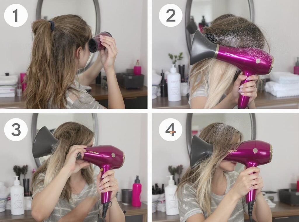 Step-by-step guide showing proper blow drying technique for thinning hair