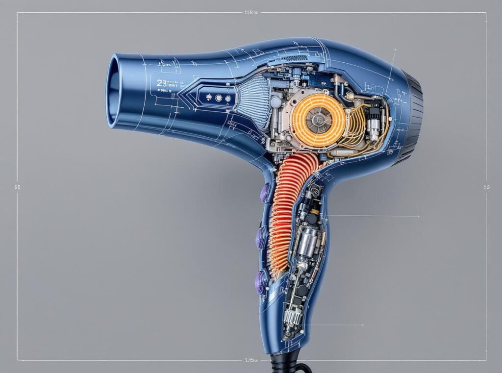 Hair dryer internal components showing ceramic heating and ionic technology