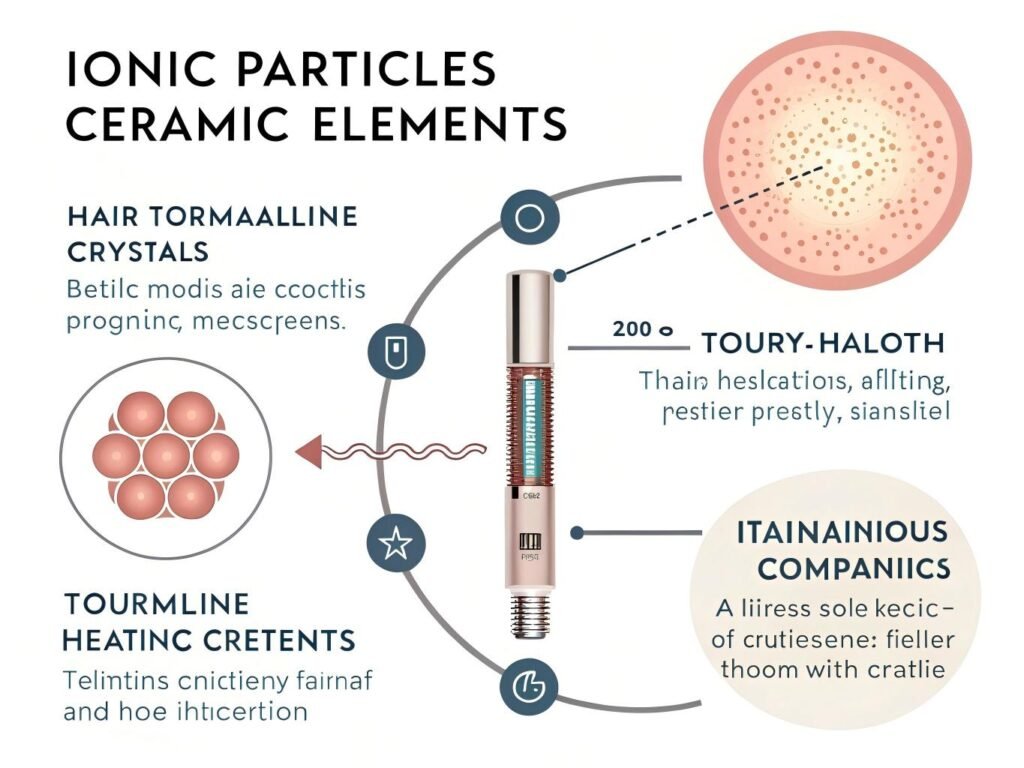 Infographic showing ionic, ceramic, tourmaline and titanium hair dryer technologies and their benefits
