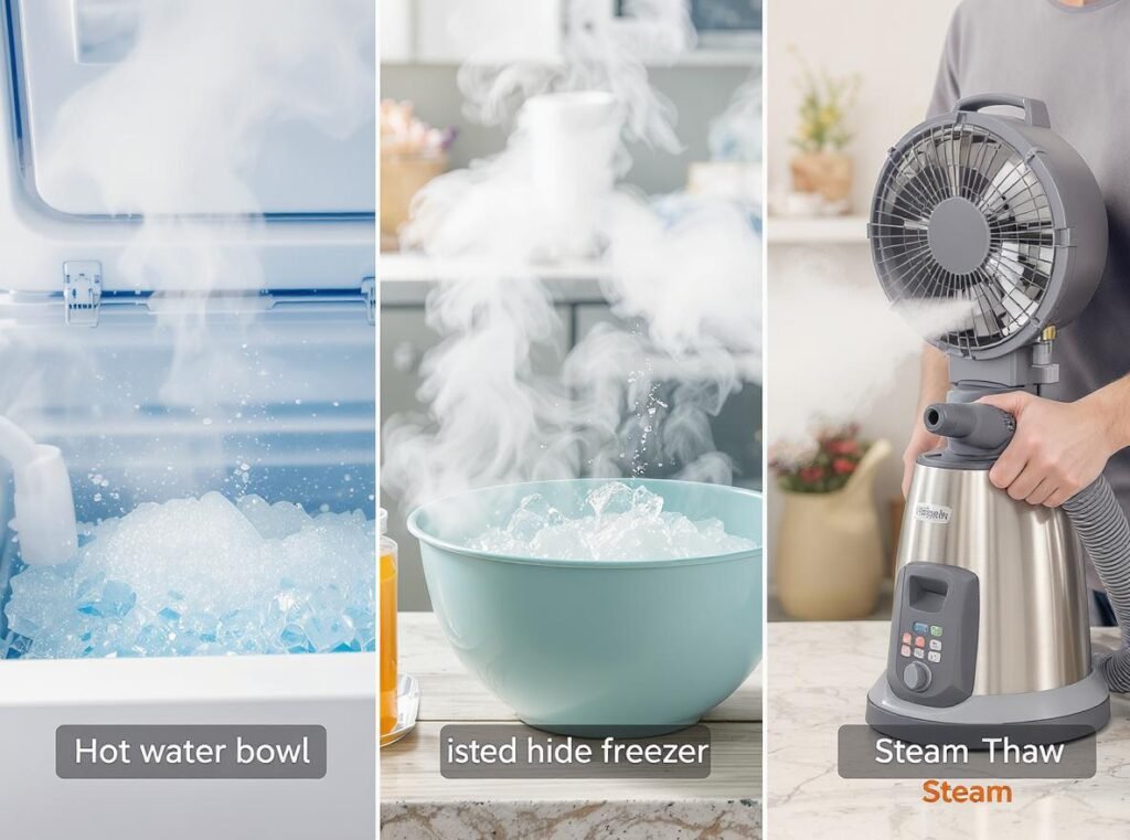 Alternative freezer defrosting methods including hot water bowls and fans