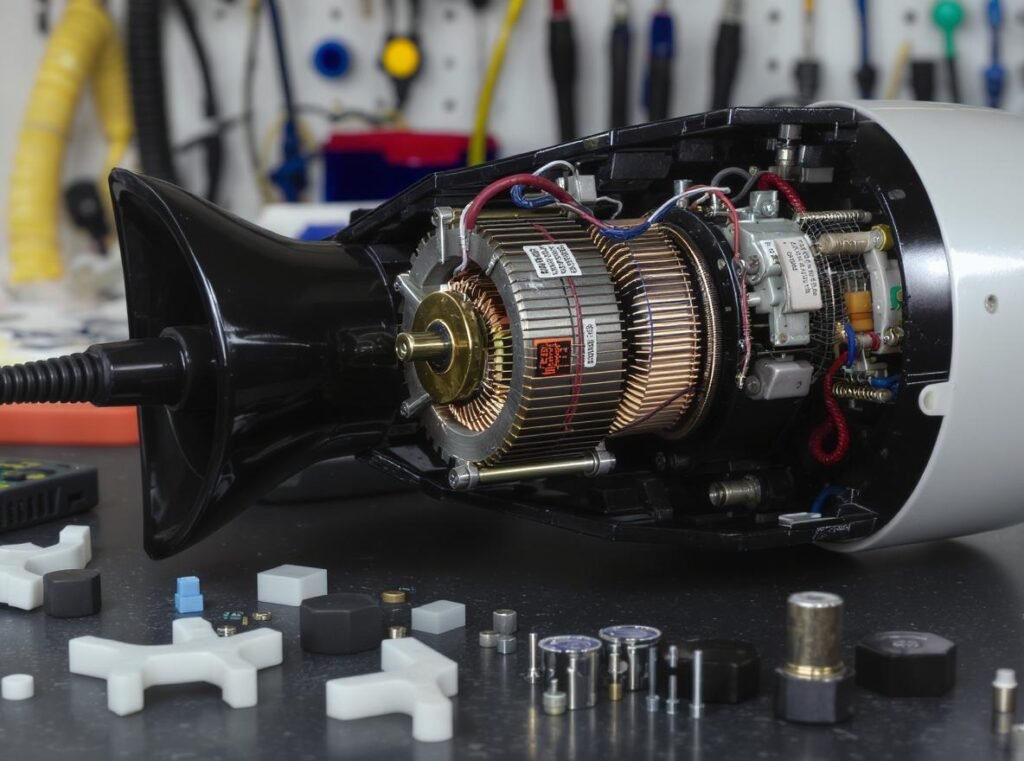 Disassembled hair dryer showing internal motor, heating elements, and electrical components