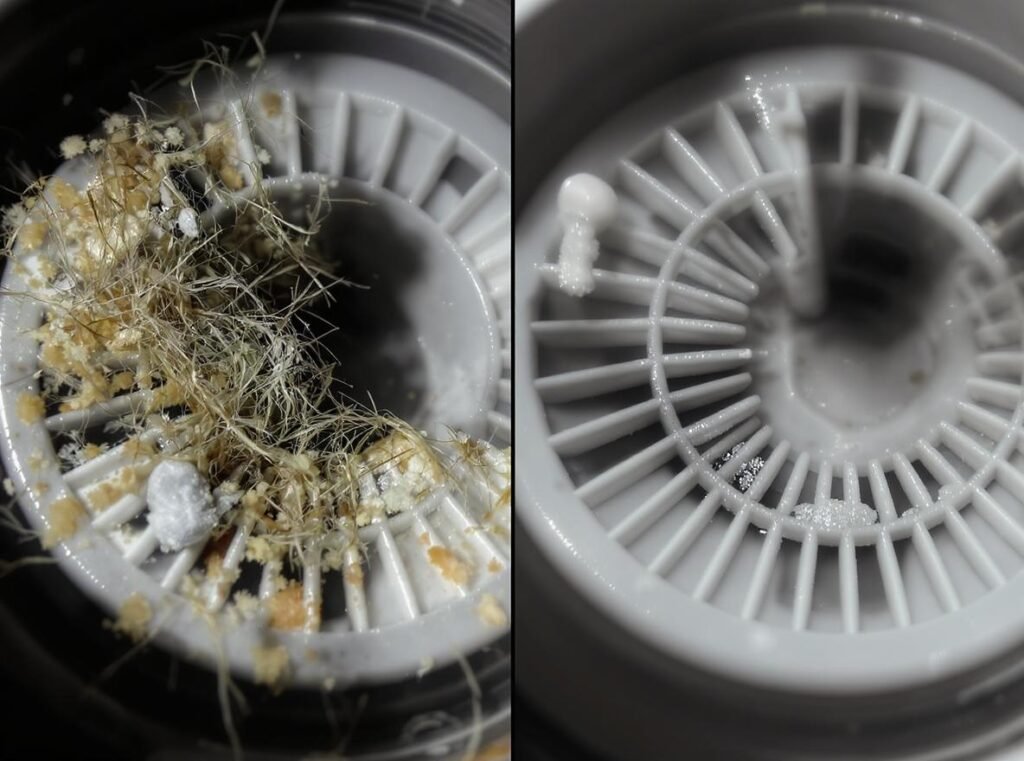 Severely clogged hair dryer filter before and after cleaning