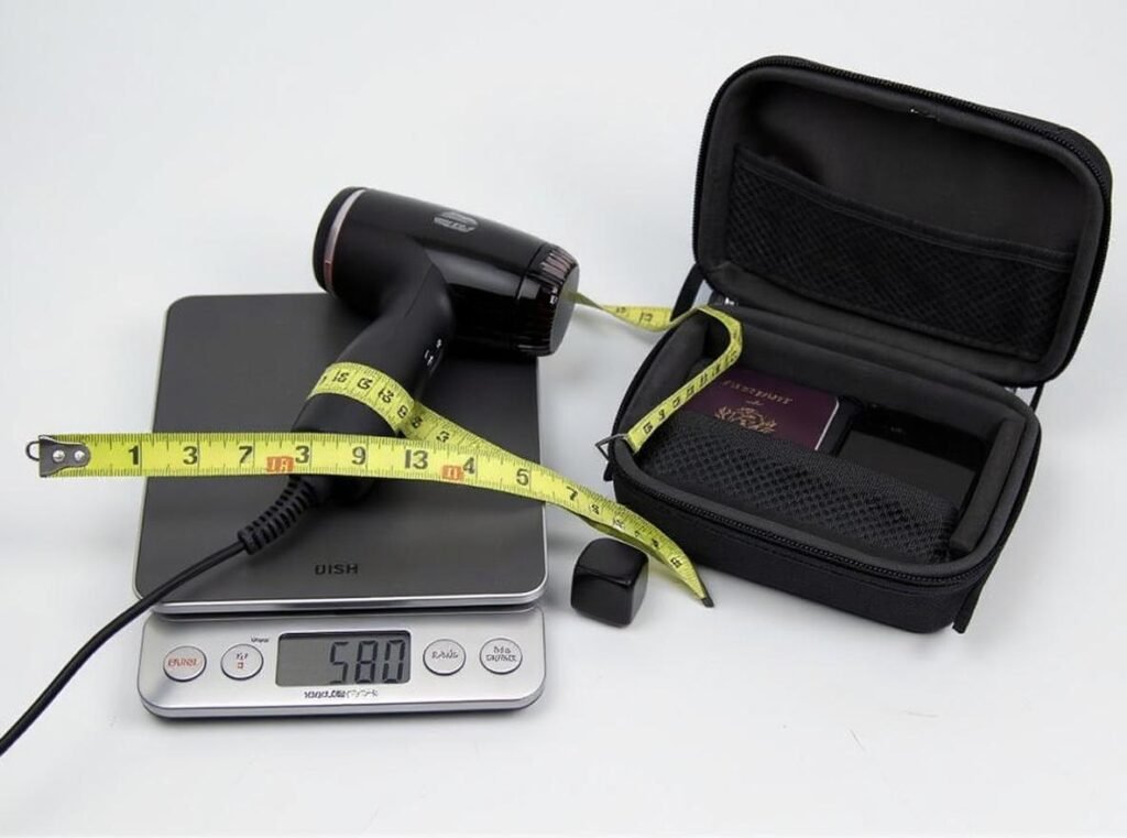 Compact travel hair dryer size and weight comparison for luggage packing