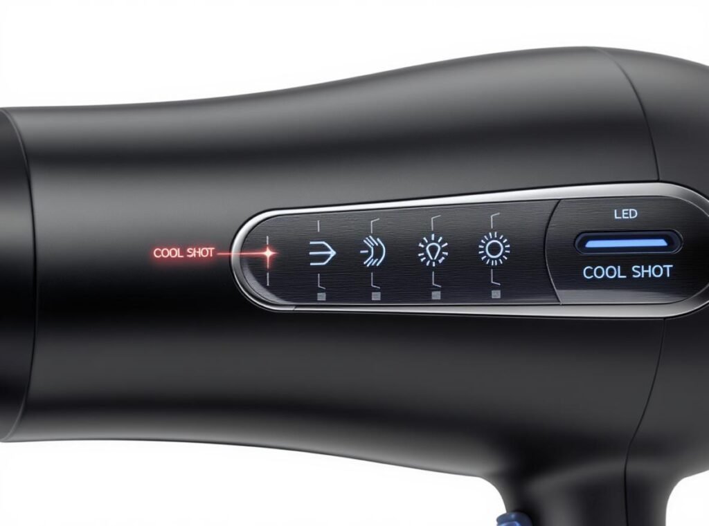 Hair dryer heat and speed control settings with cool shot button for damaged hair styling