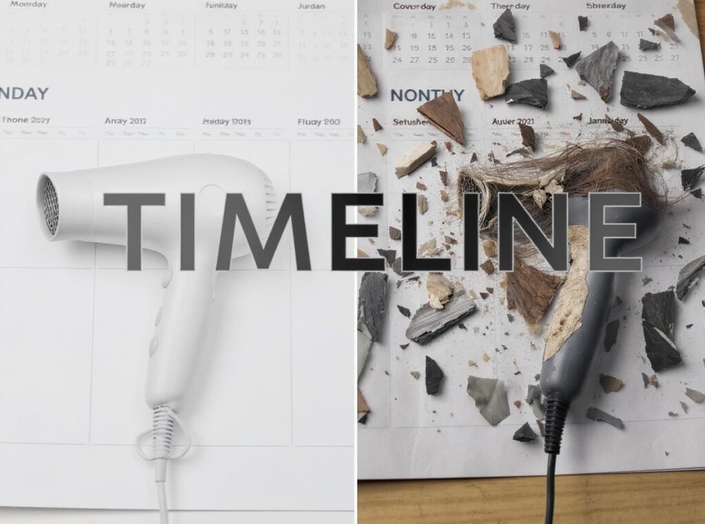 Hair dryer lifespan timeline showing deterioration and aging process over time