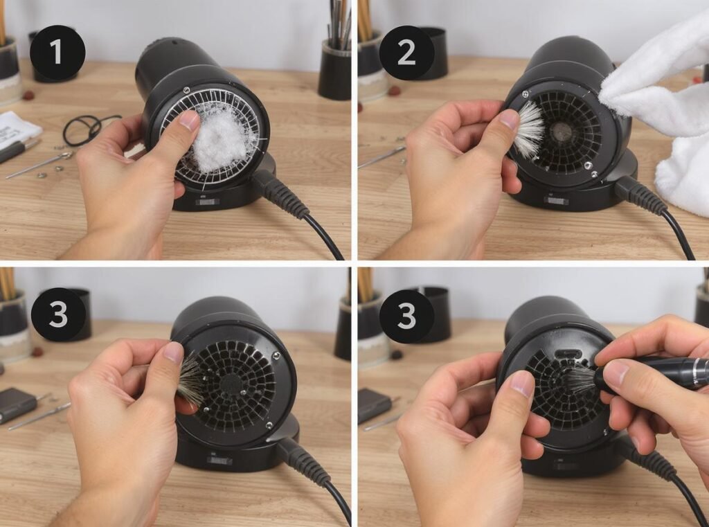 Diagnosing hair dryer problems with magnifying glass inspection