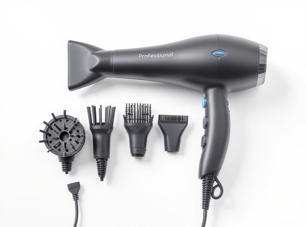 Professional hair dryer with ionic technology and multiple attachments