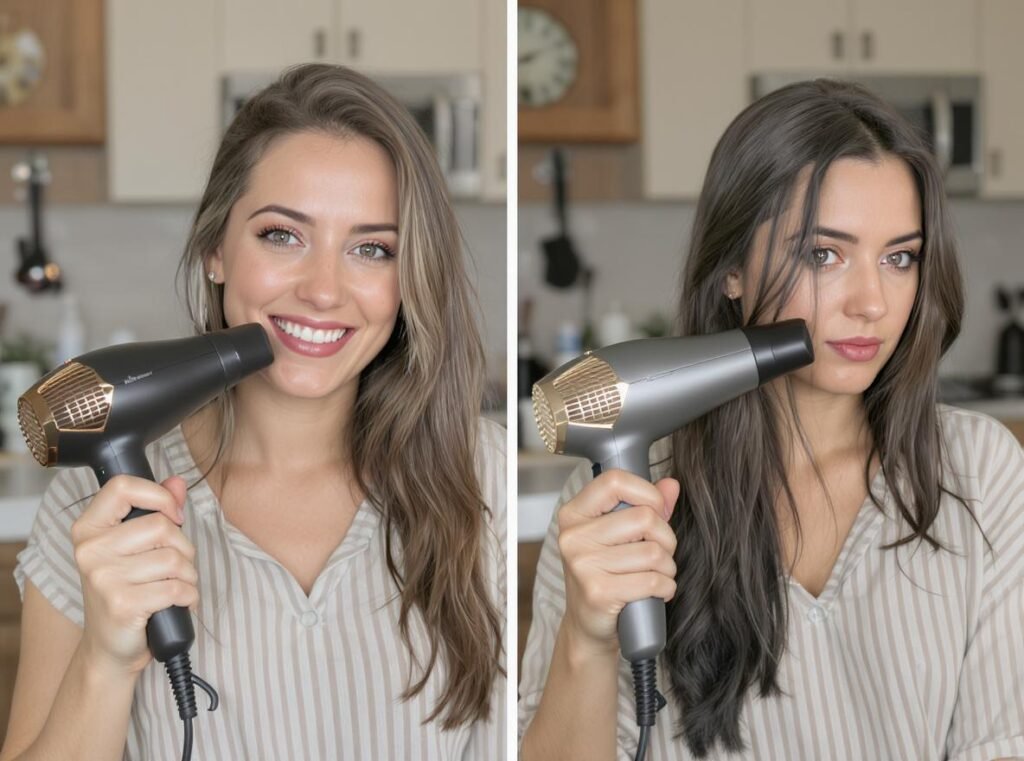 High heat versus low heat hair drying techniques showing proper usage scenarios