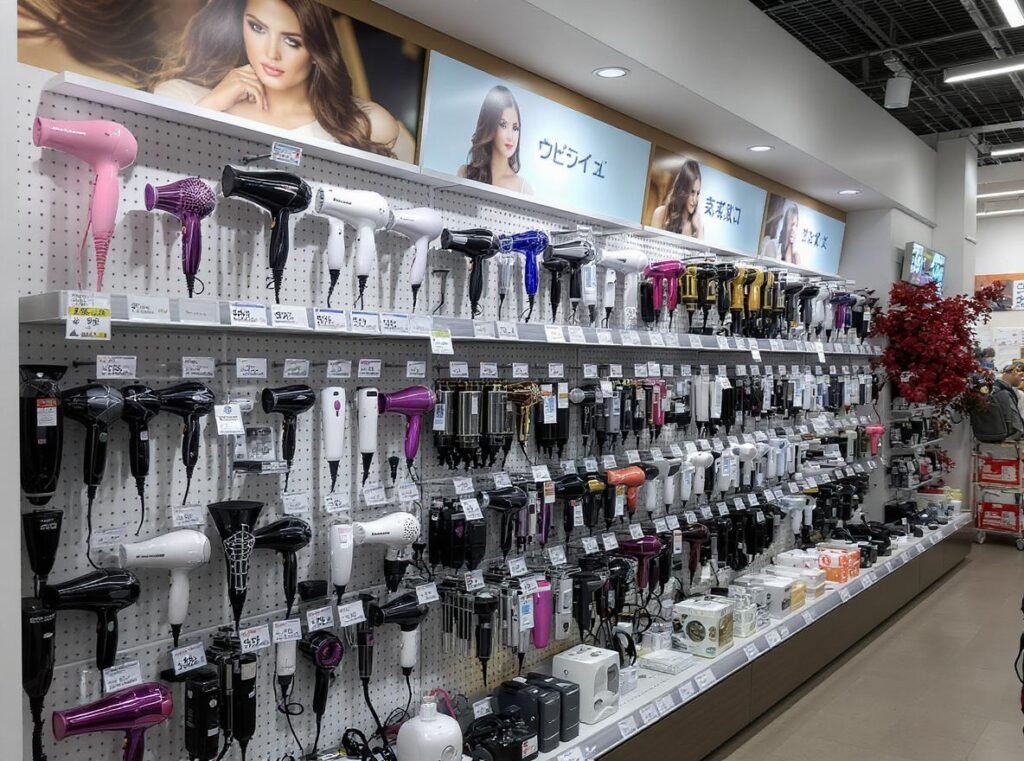 Japanese electronics store displaying various hair dryer brands and models