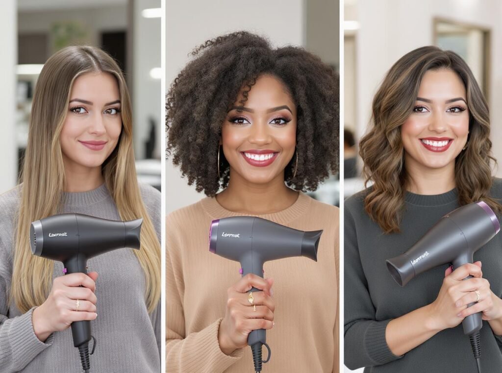 Different hair types using appropriate hair dryer attachments and settings
