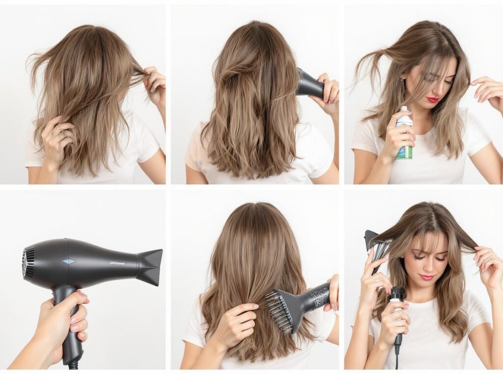 Proper hair drying technique showing correct distance and method
