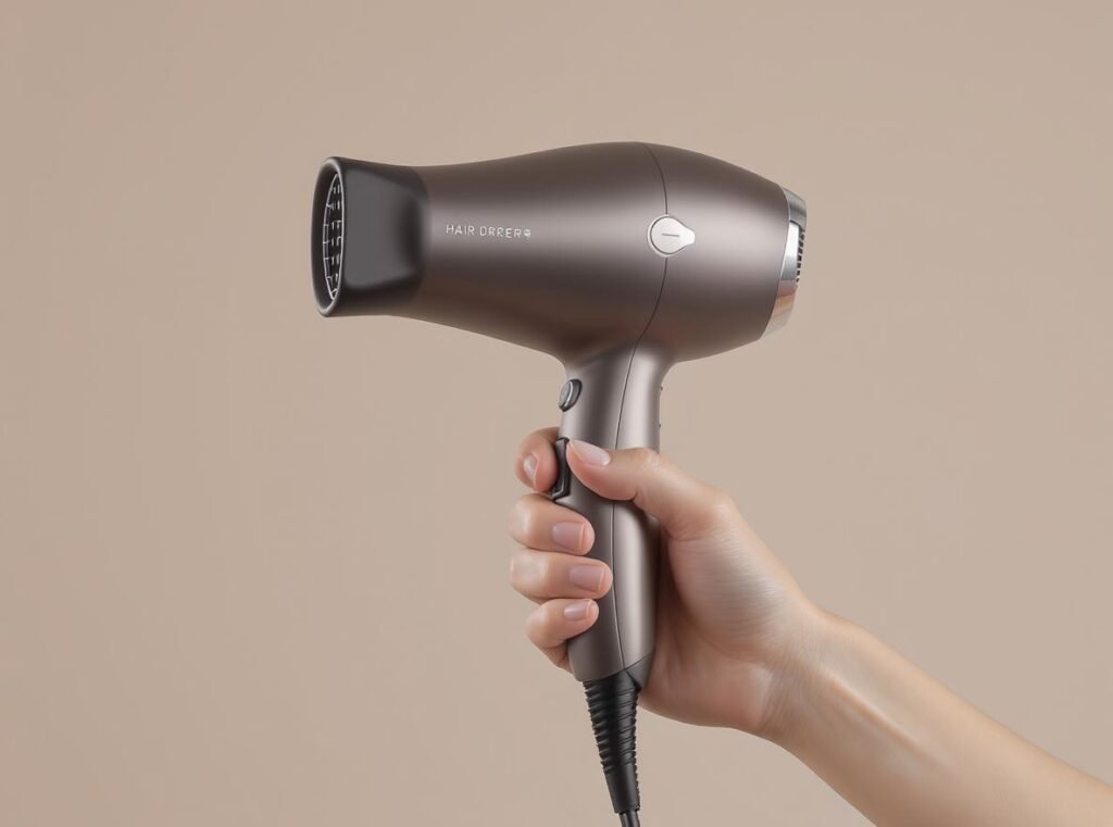 Ergonomic hair dryer design showing comfortable grip and user-friendly operation