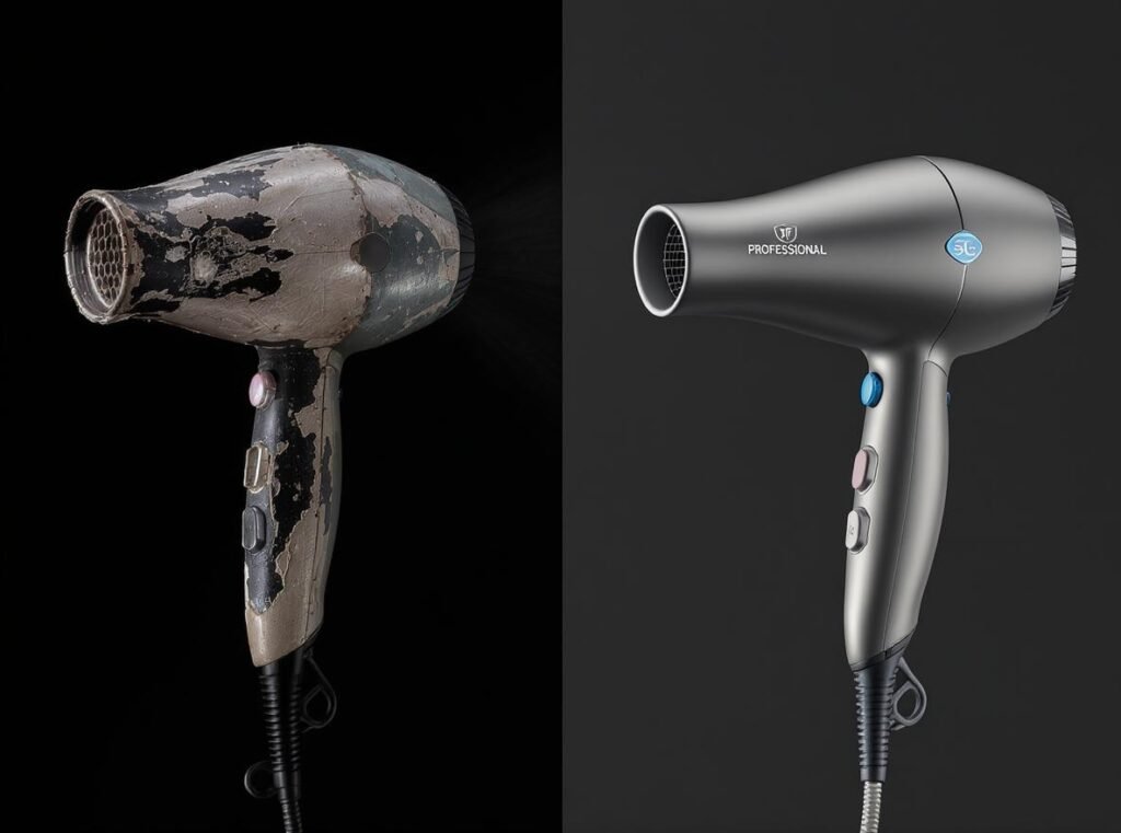 Comparison between old damaged hair dryer and new professional replacement model